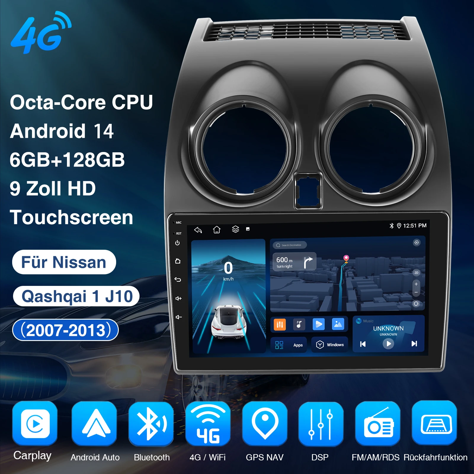 ESSGOO 4G 8-Core Android 14 6 + 128G Carplay Android Auto Für Nissan Qashqai J10 2007-13 2DIN 9 "Autoradio GPS Navi Player FM Wifi – Detail 2