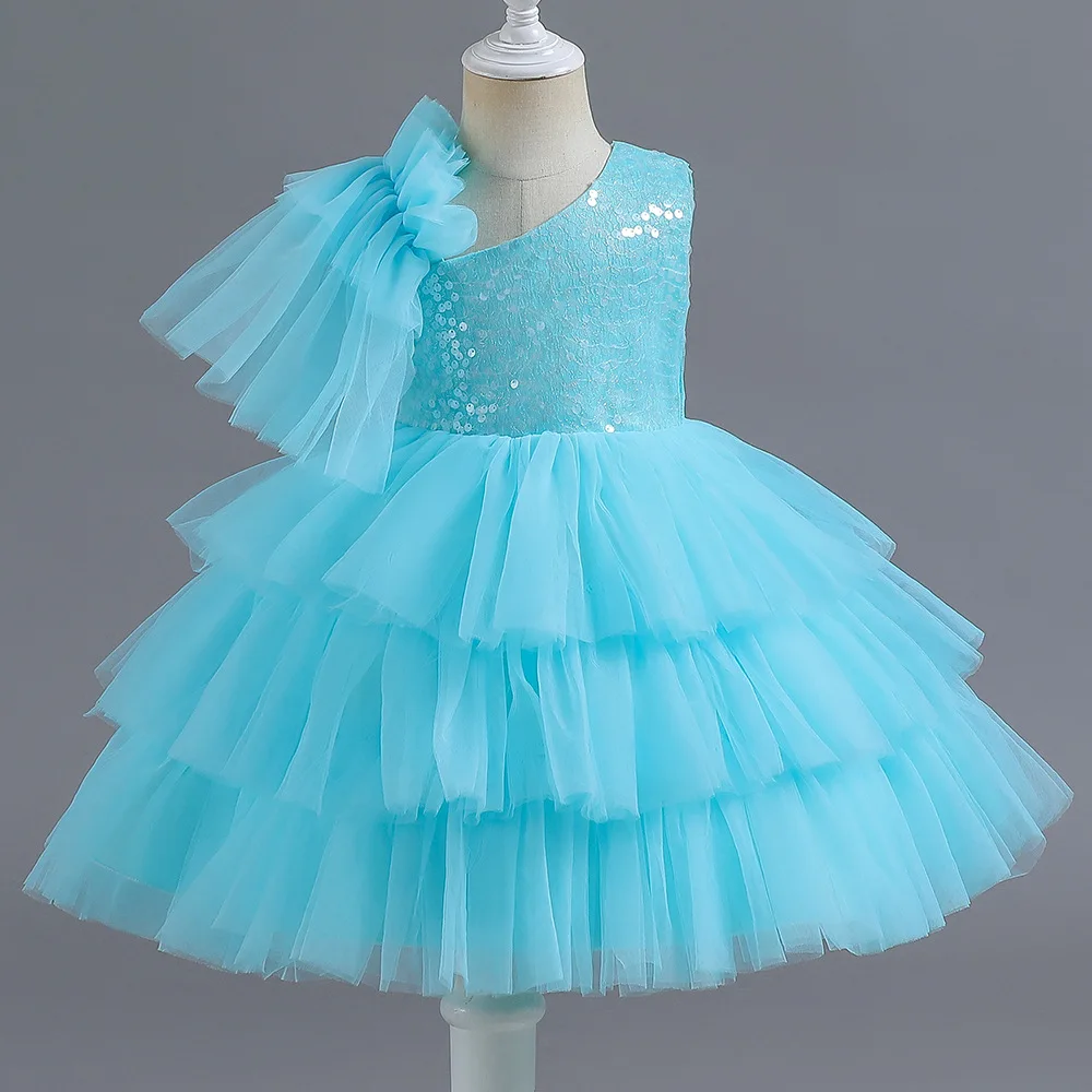 ELBCOS 4-14T Kid Girls Sequin Solid Color No-Sleeve One Shoulder Lace Flower Skirt Organza Piano Costumes Evening Full Dress