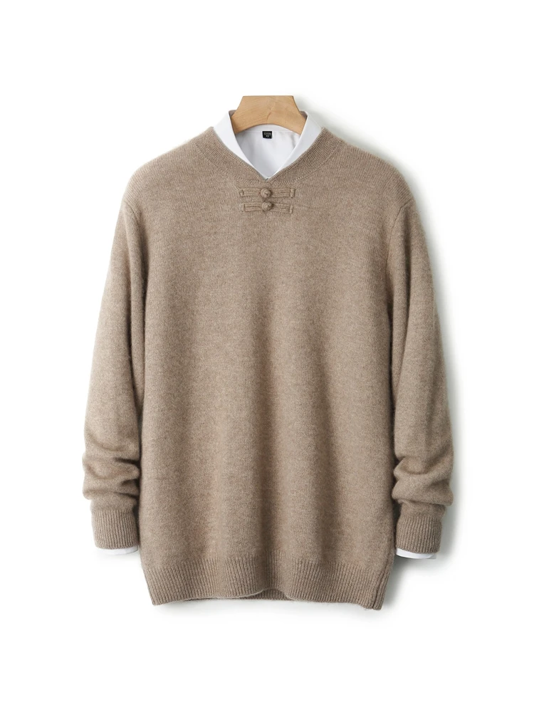 TLOML メンズ 100% メリノウールニットウェア レトロモックネックボタンウールプルオーバーセーター ソフトで暖かいカシミアセーター 中国風トップ