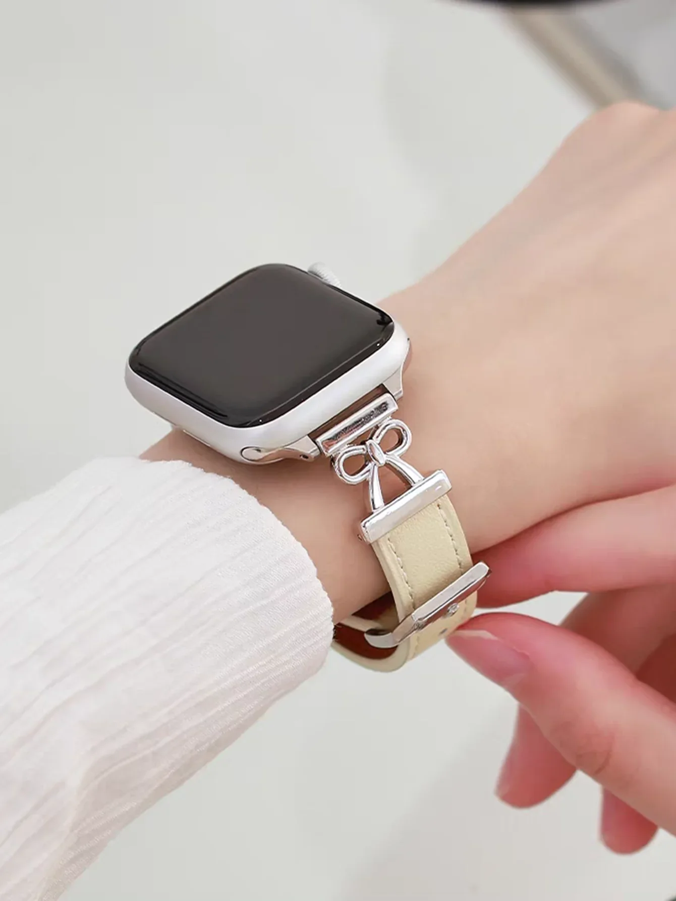 ممتاز القوس حلقة جلدية ل سوار ساعة يد آبل النساء 10/9/8/7/6/5/4/3 SE 38 مللي متر 40 مللي متر 41 مللي متر 42 مللي متر 44 مللي متر 45 مللي متر 46 مللي متر 49 مللي متر حزام
