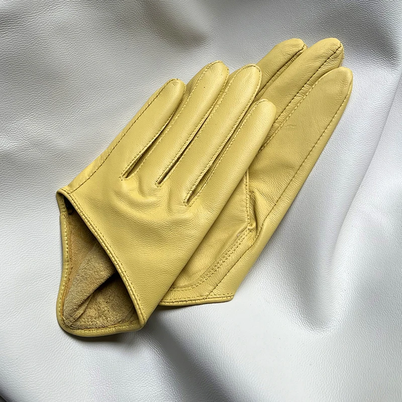 

Женские однотонные желтые мужские перчатки из натуральной овчины, женские модные короткие перчатки из натуральной кожи