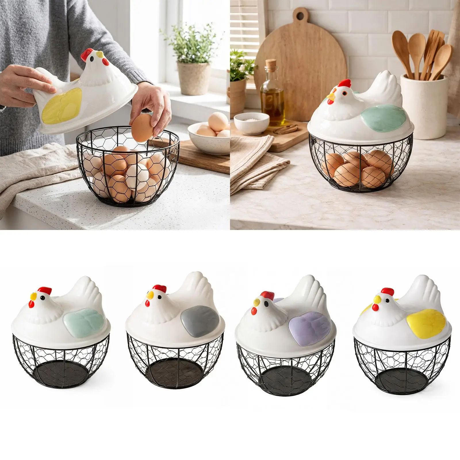 Egg Storage Basket Egg Collecting Baskets with Lid Portable Kitchen Storage Cute Round Container for Fruit Countertop Kitchen