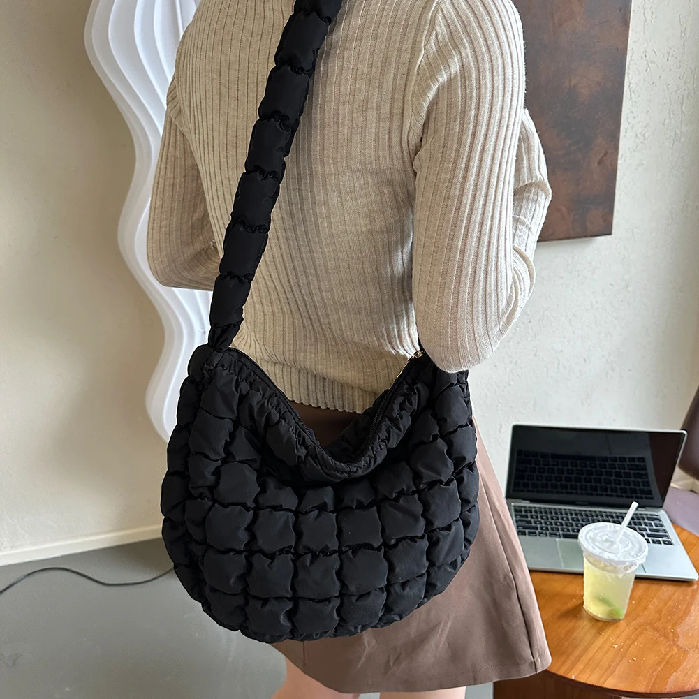 Ladies Quilted Pleated Sling Bag Solid Color Quilted Cloud Purse Oxford Soft Satchel Bag Large Capacity Casual Handbags