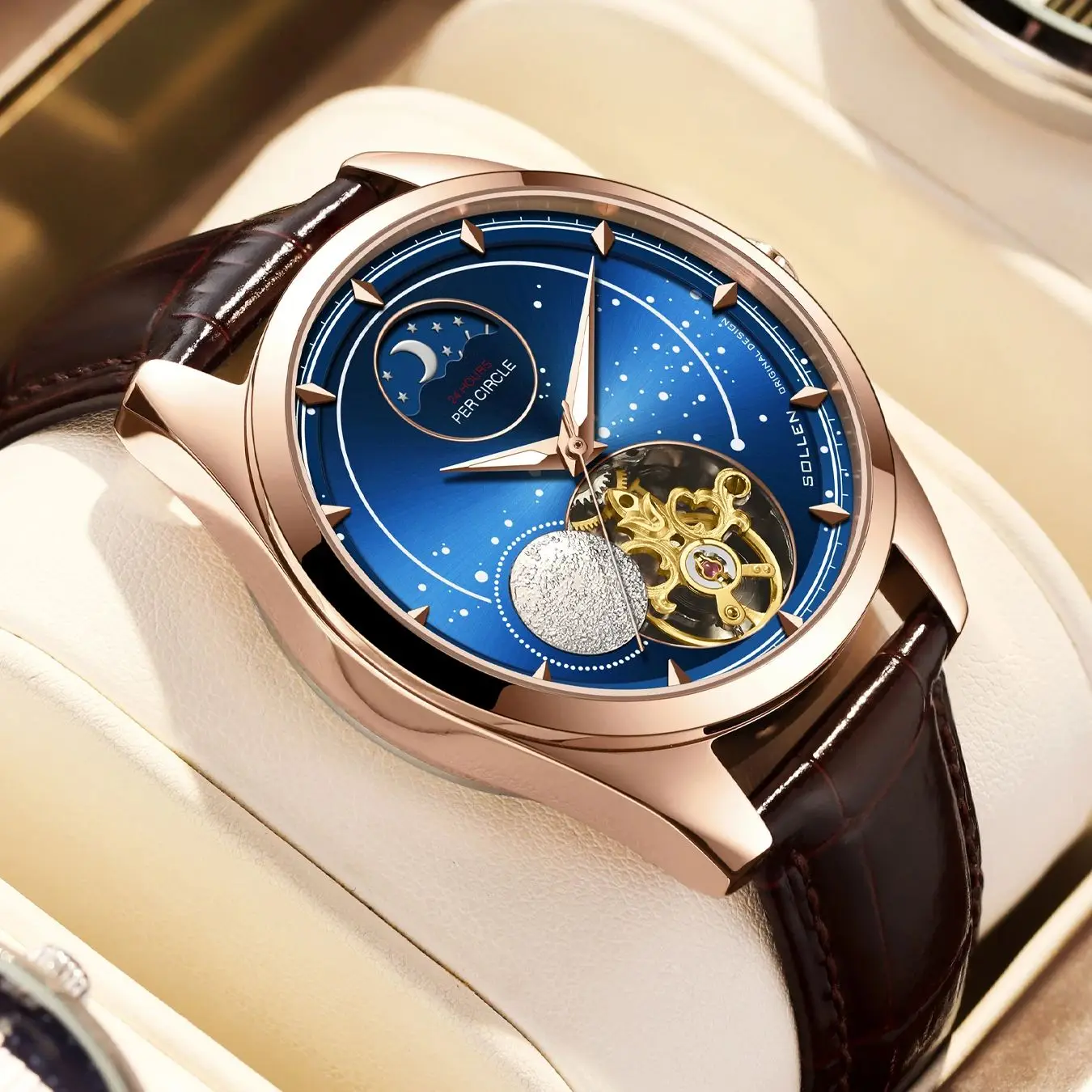 SOLLEN 남성용 완전 자동 기계식 시계, 스타 문 디자인, 컨셉 패션 비즈니스 벨트