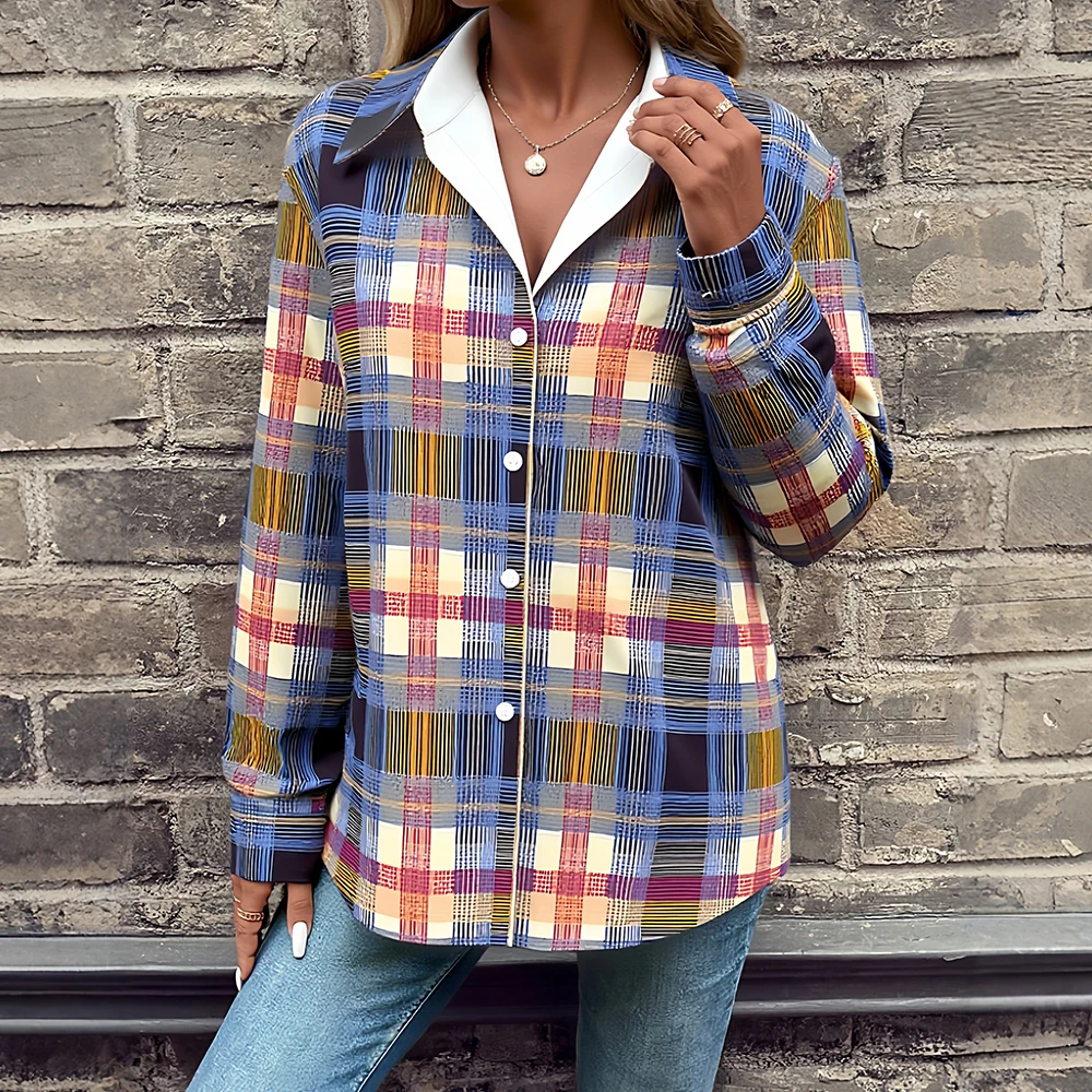 

Mia Muse Autumn Shirts 2025 Women's Comfortable Elegant Plaid Long Sleeve Shirt Collar Fitting Slim Vacation Shirts