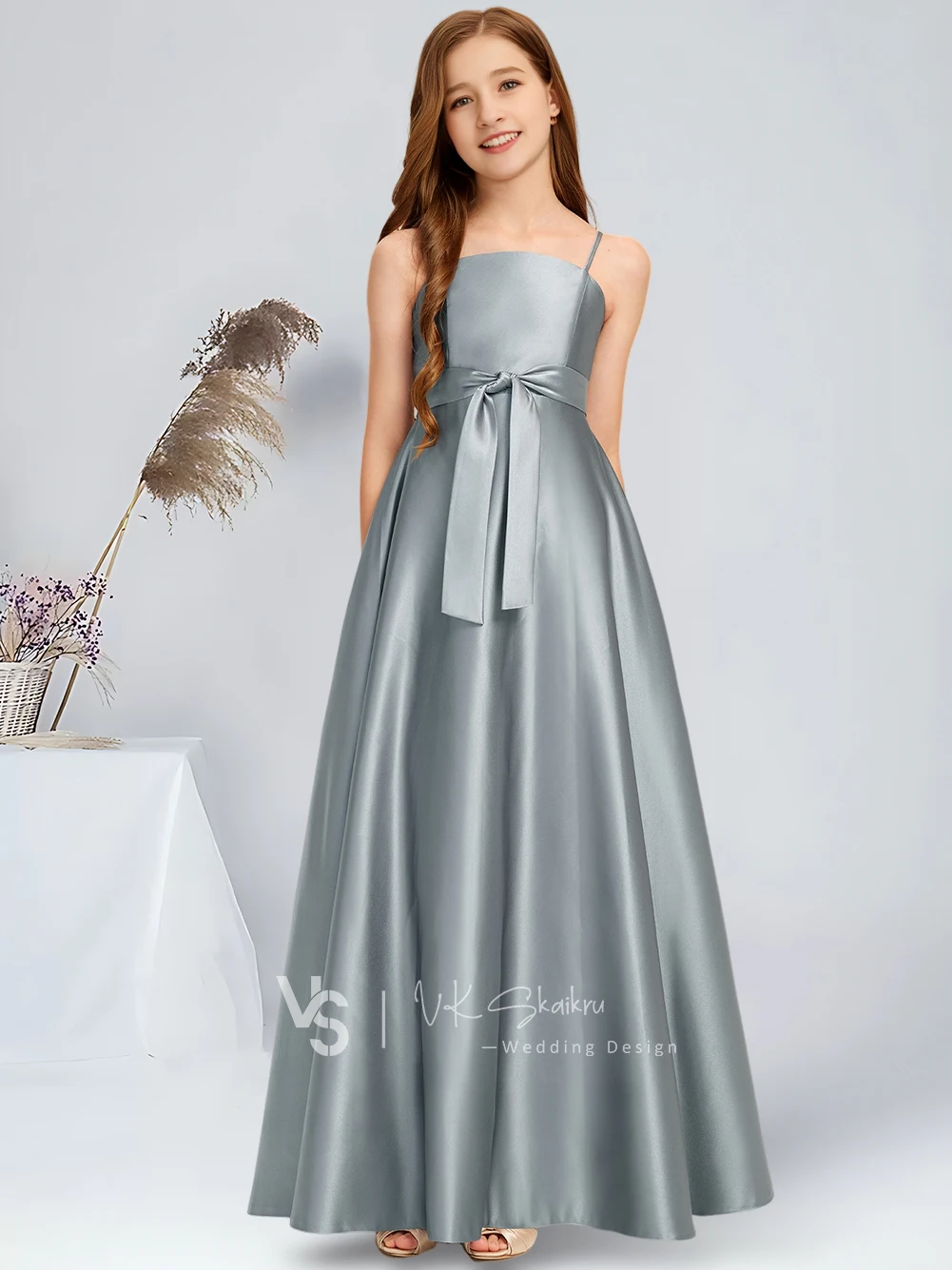 A-line Square Floor-Length Satin Junior Bridesmaid Dress With Bow Dusty Blue Flower Girl Dress for Wedding Party Dress For Teens