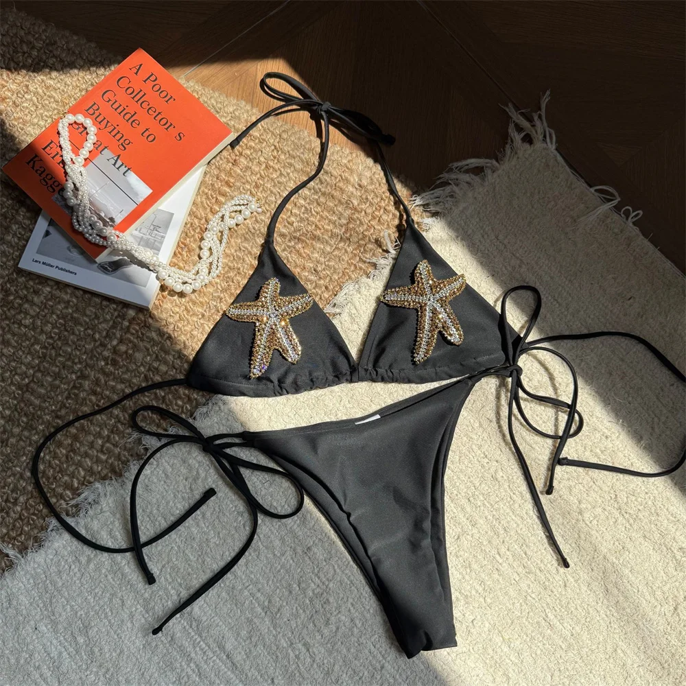 Biquíni de strass brilhante estrela do mar praia maiô corda rendas até roupa de banho feminina 2 peça praia biquinis roupa de férias