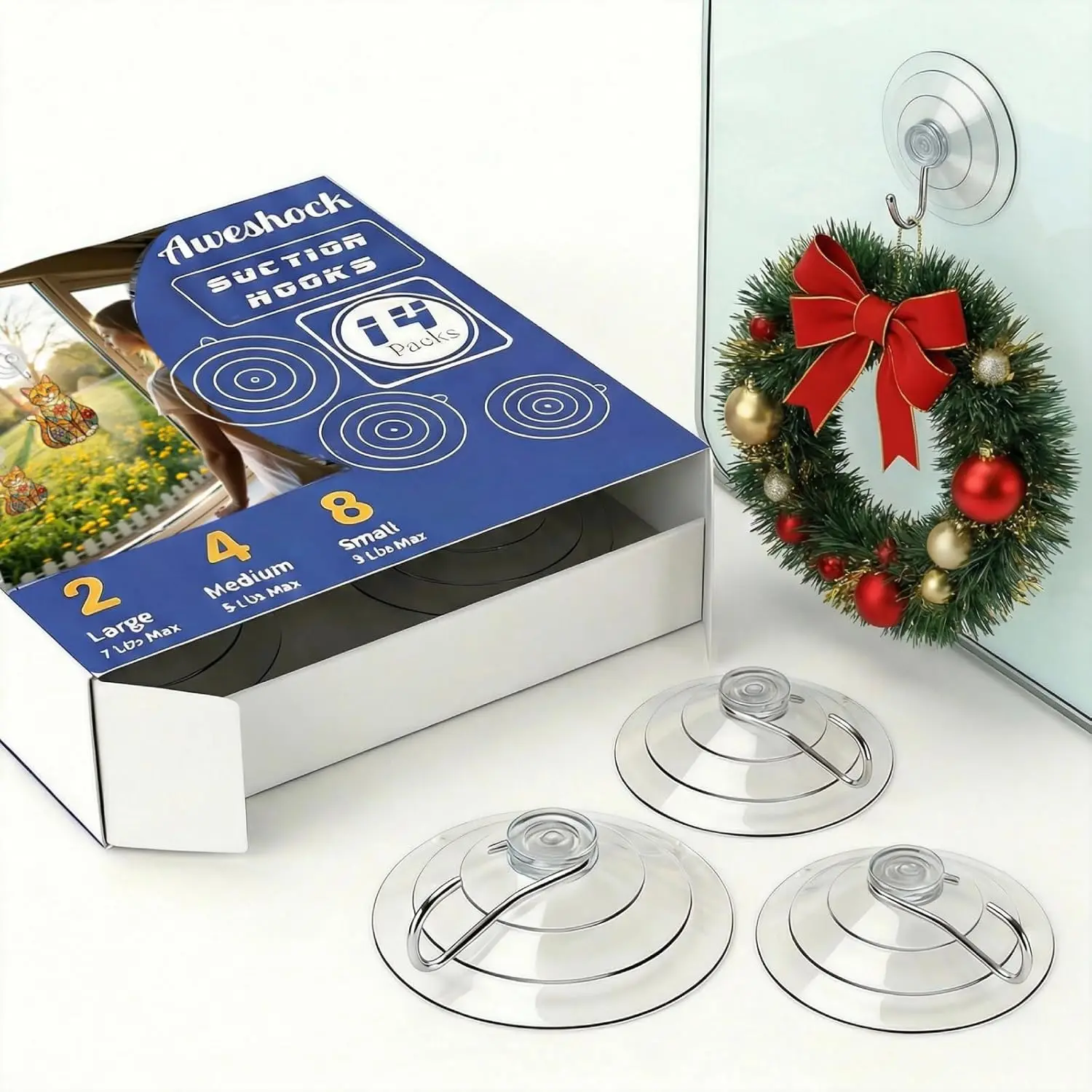 

Suction Cup Hooks for Glass Window, 14 Pack Combo - 8 Small 4 Medium 2 Large, Removable Wreath Hangers for Front Door