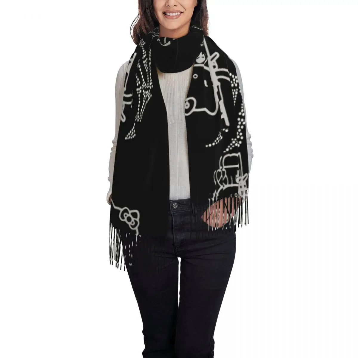 سيدة وشاح في الهواء الطلق مرحبا كيتي روك طباعة أغطية الرأس الأوشحة مع شرابة الرجعية شال يلتف الخريف مخصص DIY Foulard