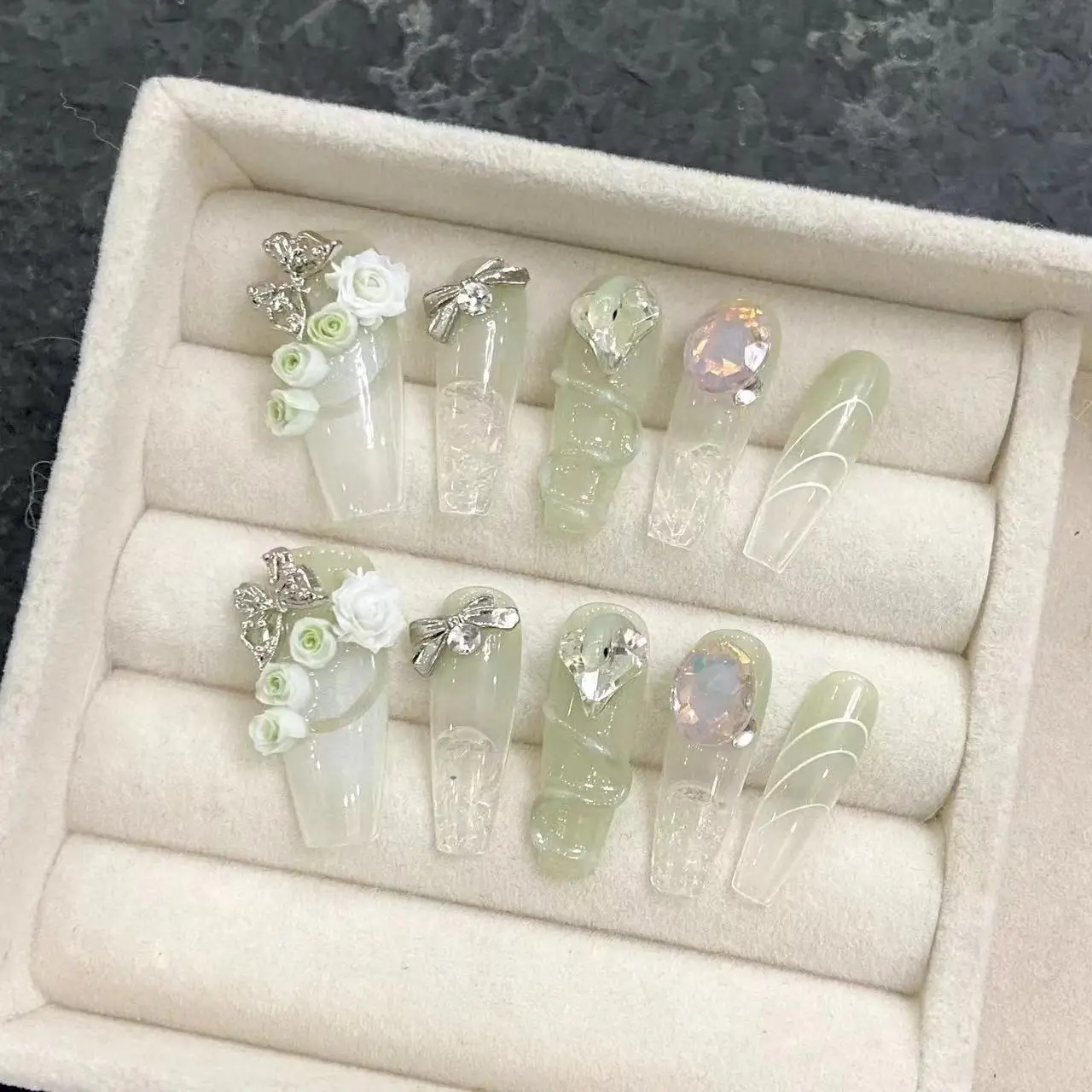 Handmade Press On Nails Green Gradient False Nails With Aurora Diamond Decor Wearable Rose Butterfly Fake Nails Long Ballet Tip