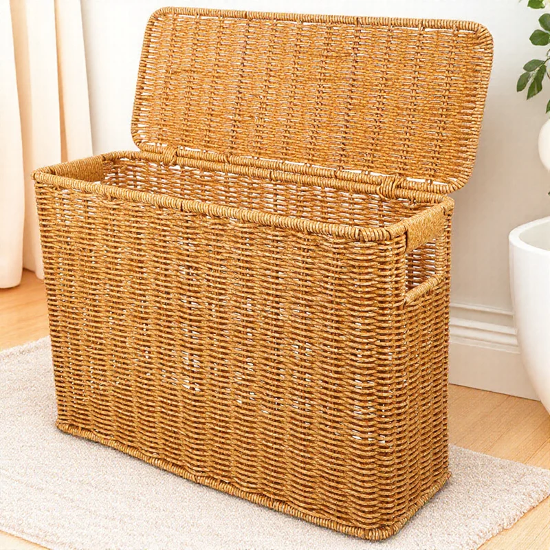 

Woven Storage Basket with Lid and Handle Multifunctional Sundries Organizer for Home Kitchen Toys and Picnic Supplies