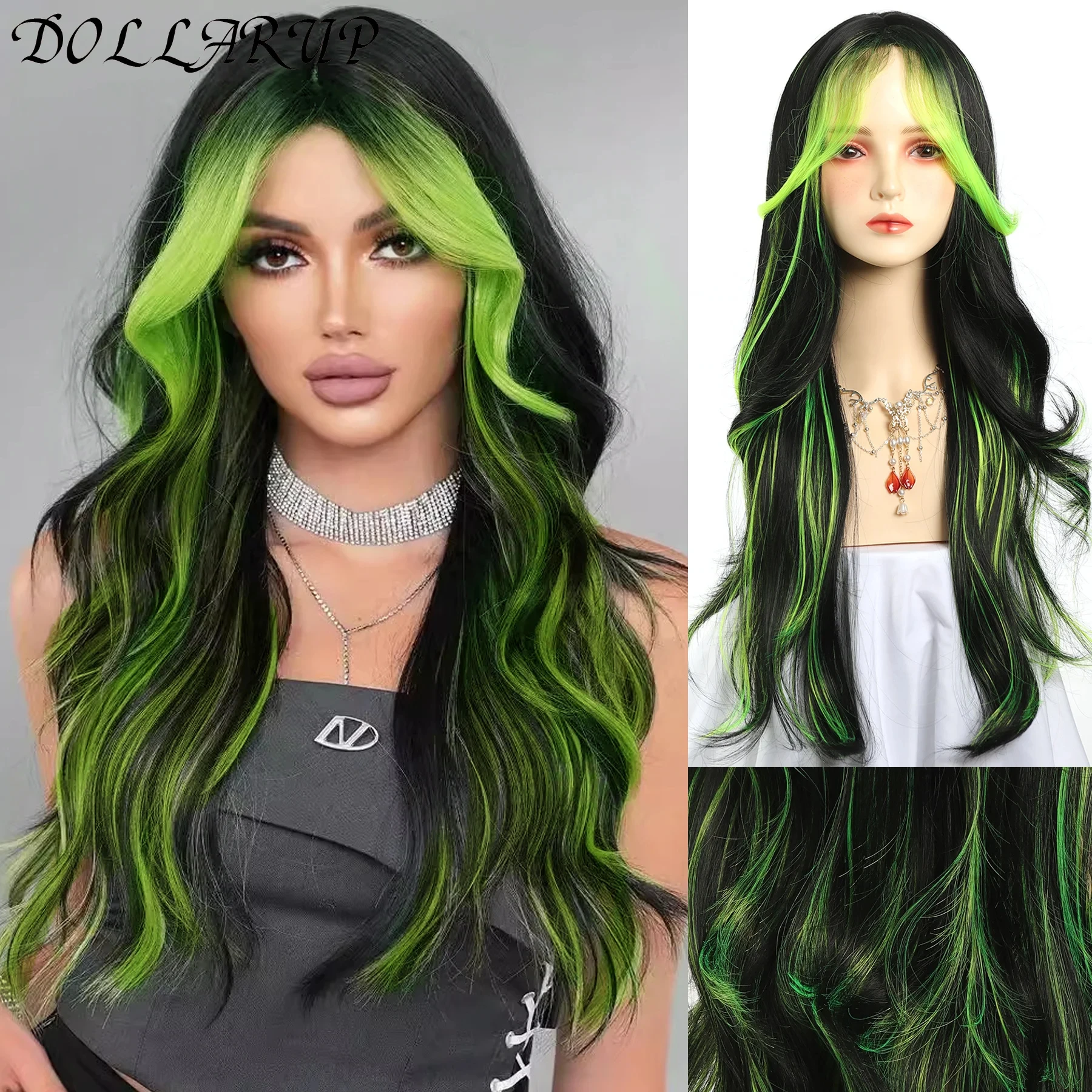 

JKL Многослойный парик Синтетический светло-зеленый парик для женщин Косплей Выделенное окрашивание Зеленые волнистые парики с пушистой челкой из устойчивого волокна