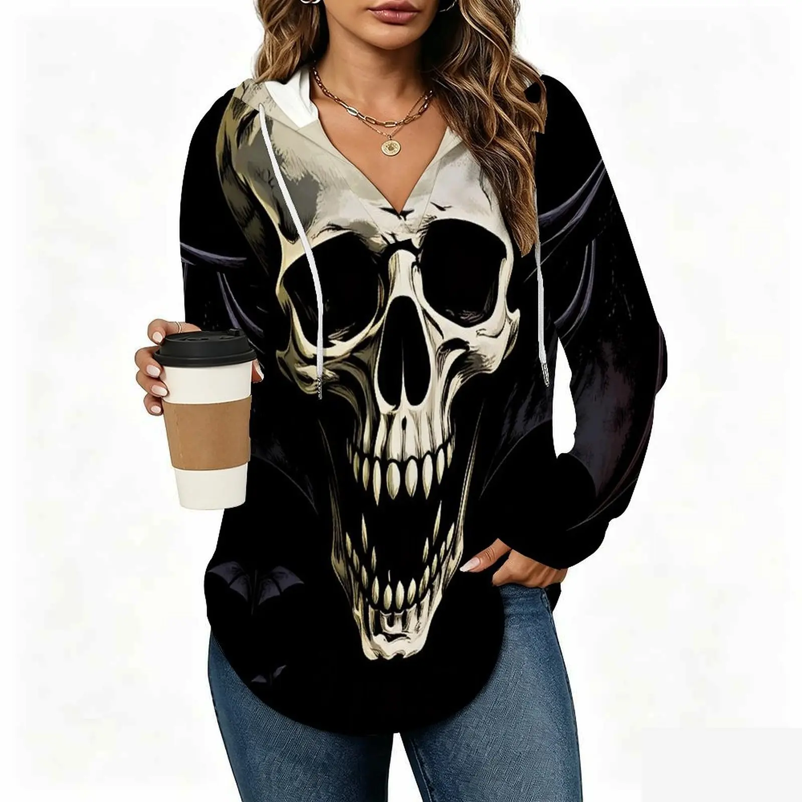 Women's V‑Neck Hooded Long Sleeve Sweatshirt Casual Print Clothes for Vacation Commuting Occasion