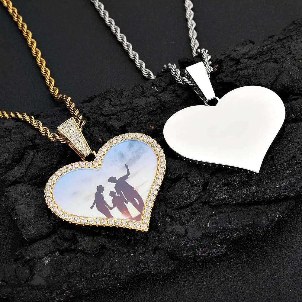 Hiphop Large Love Frame Photo Custom Pendant Necklace Men Punk Jewelry 18k Gold with Rope Chain Stainless Steel Party Gift