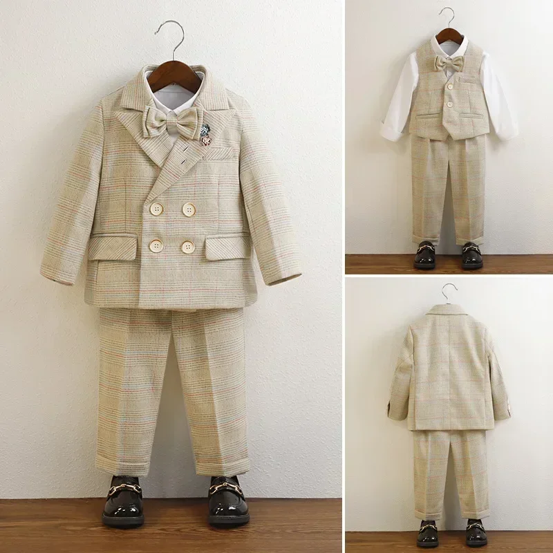 

Kid's Wedding Suit 8 To 12 Y Boys Autumn Clothes Fashion Double-breasted Plaid Blazer Set Formal Child Piano Performance Costume