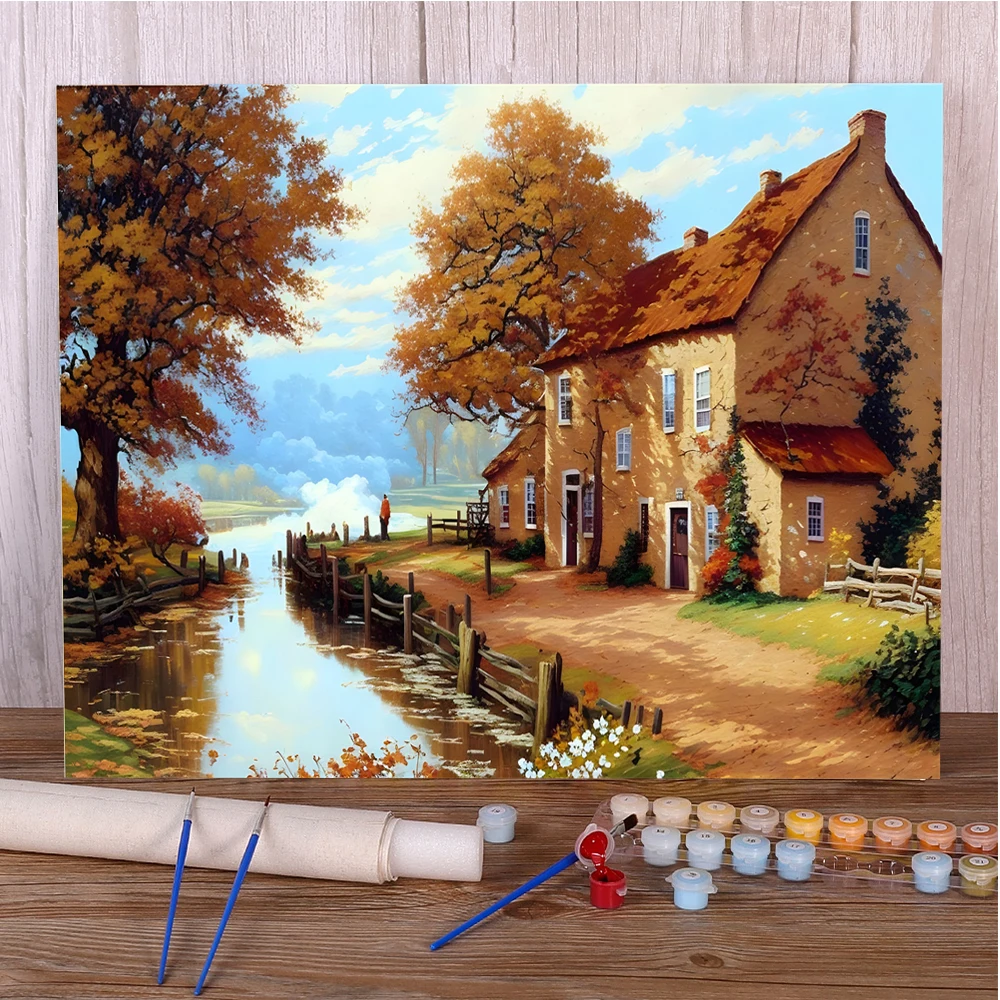 Landscape House By River Painting By Numbers Personalized Craft Kit For Adults Home Decoration Gift For Wife Dropshipping 2024