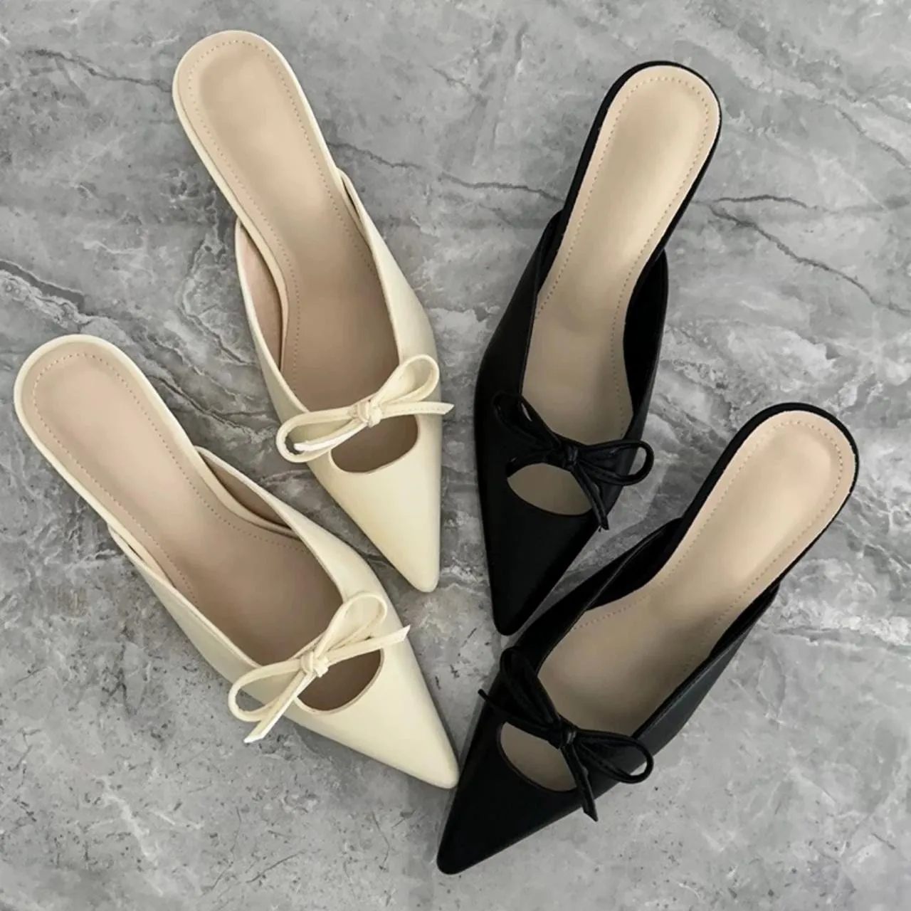 

French vintage knotted shallow-toe half slippers for women, pointed-toe, thin-heeled sandals, fairy-style bow high heels