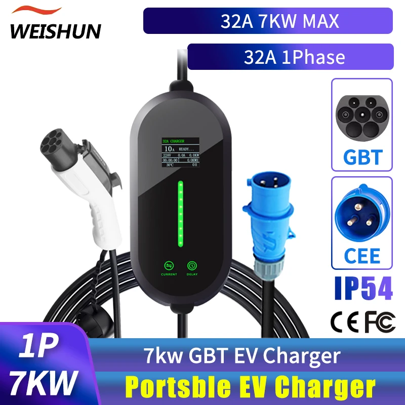 

Портативное зарядное устройство для электромобилей GBT Зарядное устройство для электромобилей 7 кВт 32 А 1-фазная быстрая зарядка Wallbox Зарядная станция для электромобилей.