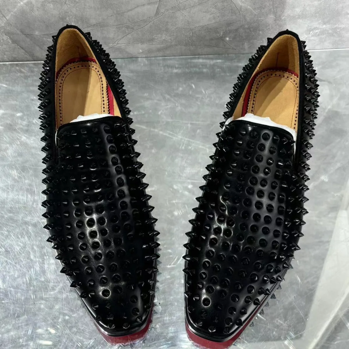 Rhinestones Studs Patent Leather Men Shoes Fashionable Soft Business Pumps Spring and Summer Slip-On Flats