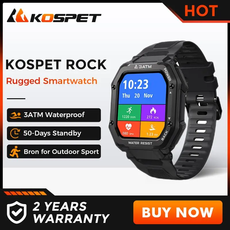 Go! KOSPET ROCK Rugged Smartwatch Outdoor Sports Fitness Tracker 24h Blood Oxygen Monitor Military Waterproof Smart Watch for