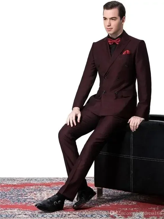 

Burgundy Groom Wedding Suits For Men Double Breasted Gentle Suit Tuxedo Slim Fit Custom 2 Piece Prom Blazer Sets Terno Masculino