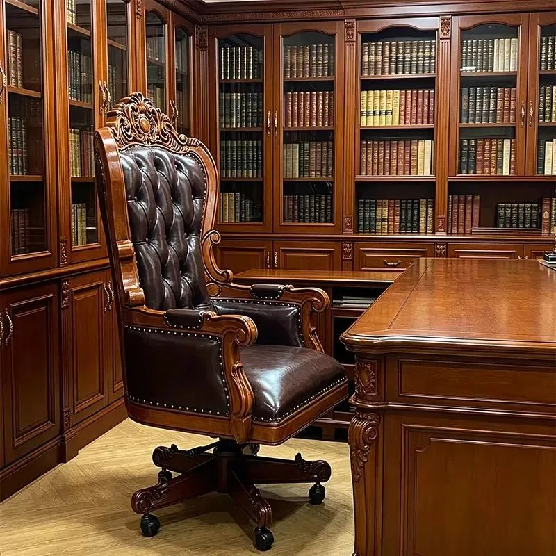 Luxury Retro Leather Boss Chair High Back Computer  Classic Home Office Solid Wood Carving Furniture