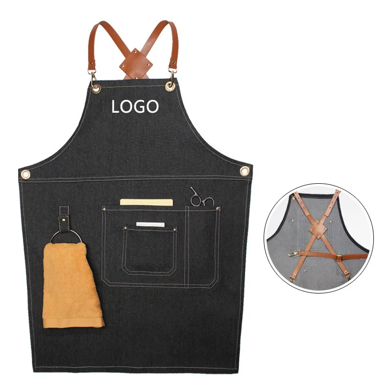 New PU Leather Straps Denim Work Apron Barista Barber Work Clothes Restaurant Floral Apron For Woman Man Customized Brand Logo