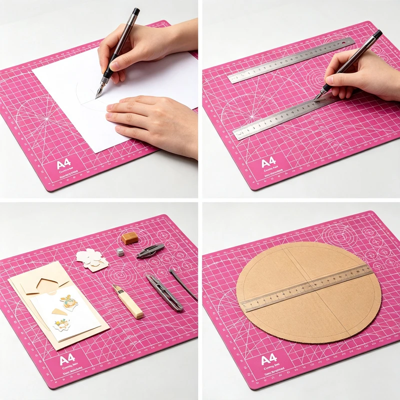 Thickened A4 cutting mat set, purple wear-resistant double-sided cutting mat, comes with a 15cm ruler, craft knife, and 5 replacement blades, used for patchwork, DIY crafts, and scrapbooking.