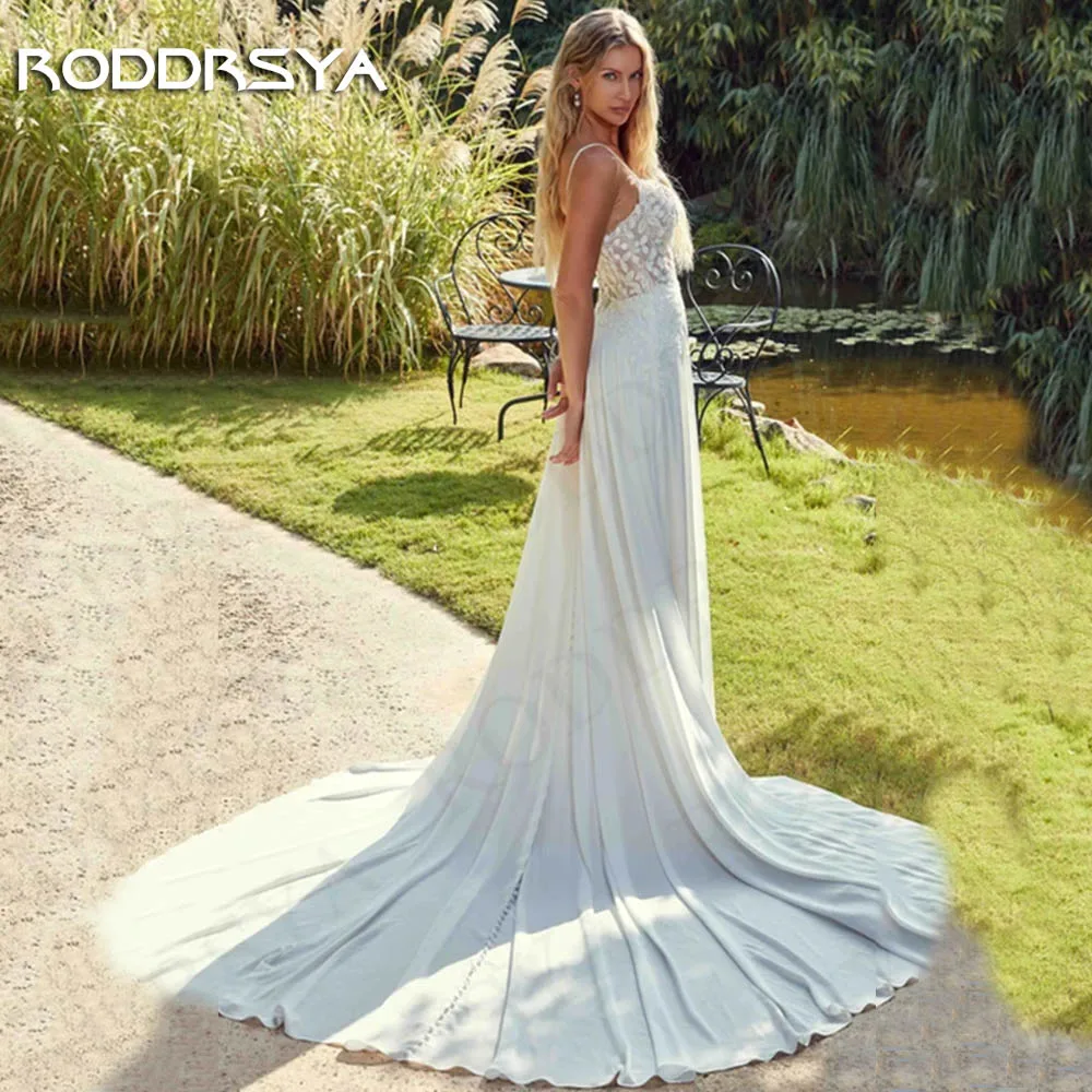 RODDRSYA Boho abito da sposa in Chiffon muslimexamex staccabile manica lunga in pizzo una linea abiti da sposa Illusion Appliques Beach Abito da sposa in chiffon свадебное платье  Abiti da sposa in pizzo con manica lun