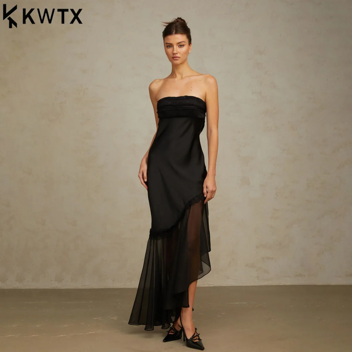 KWTX Donna Estate 2026 Elegante Raso Maglia con cinturino per spaghetti Abito da spiaggia Festa serale Ufficio Stilista di moda di lusso