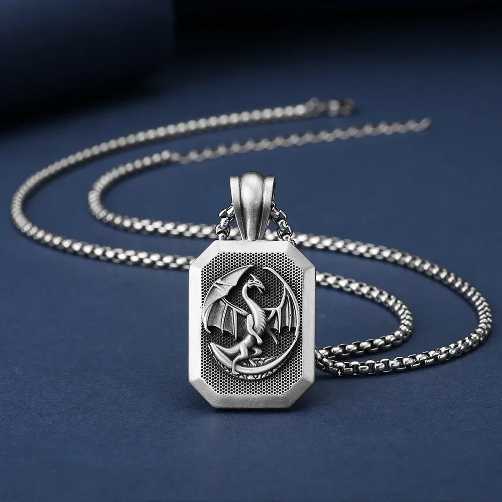 Nordic Double Pterosaur Pure Tin Tag Pendant Necklace Men's Stainless Steel Sweater Chain Retro Jewelry