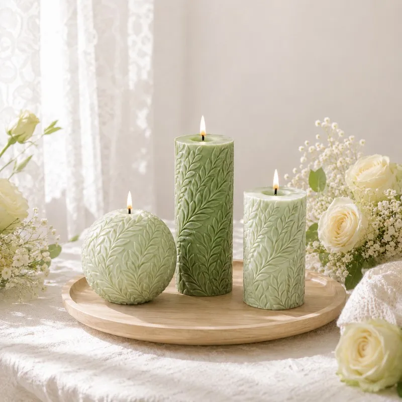 3-piece set of 3D plant leaf silicone candle molds for making scented candles; reusable.