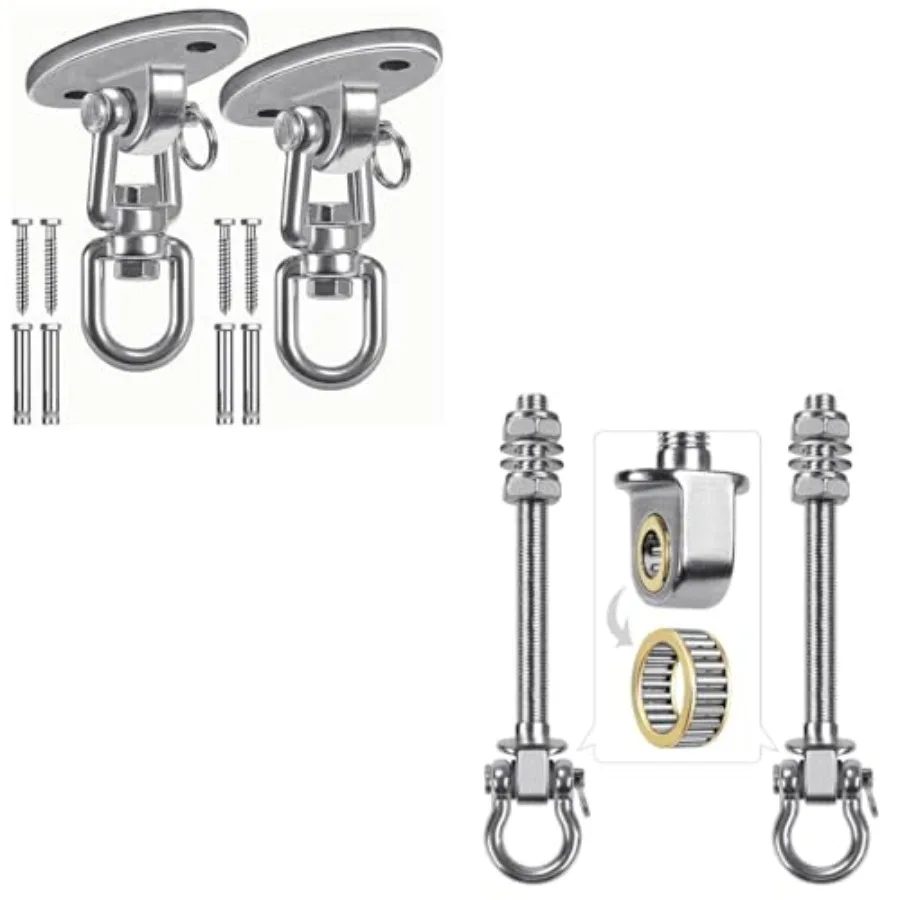 

Heavy Duty Stainless Steel Swing Hangers Bundle 2 Pack - 360° Swivel and Bearing Hooks for Yoga Swing Porch Swing Hammock Punch