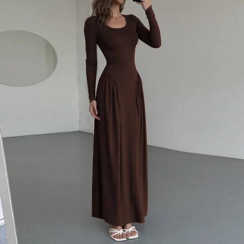 

Hipster Ruched Dress Women U-NeckFull Sleeve Skinny Stretch Robe Autumn Trend Simple Classic Lace-up Pleats Long Bodycon Vestido