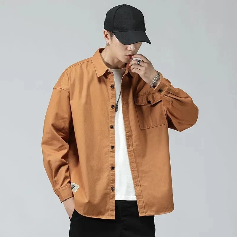 Men's Cotton Cargo Shirt Loose Casual Long Sleeve Jacket Blouse