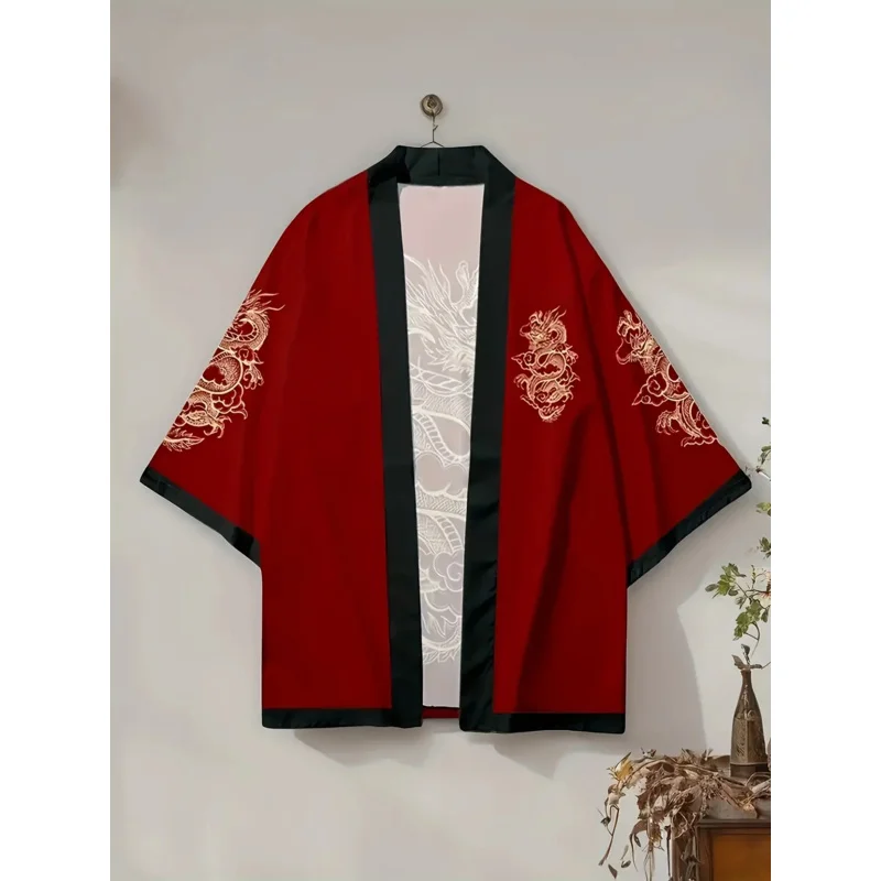 سترة كيمونو مطبوعة بالتنين الأحمر، نمط صيفي كاجوال، كيب Ukiyoe، Harajuku Haori، كيمونو مطبوع رقميًا ثلاثي الأبعاد #3
