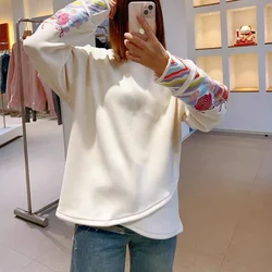 Autumn Winter New Fashion Long Sleeve Sweatshirts Women High Street Casual Loose Vintage Embroidered Plus Velvet Warm Pullovers