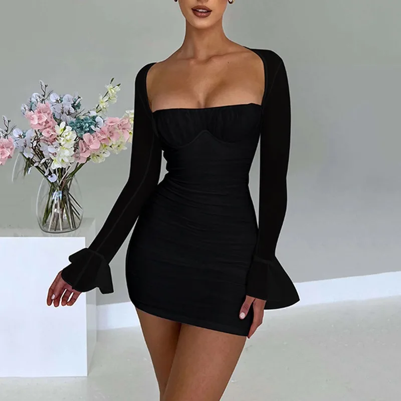 Spice Girl Sexy Tight Pleated Dress Perspective Mesh Long-sleeved Backless Solid Color Hip Skirt