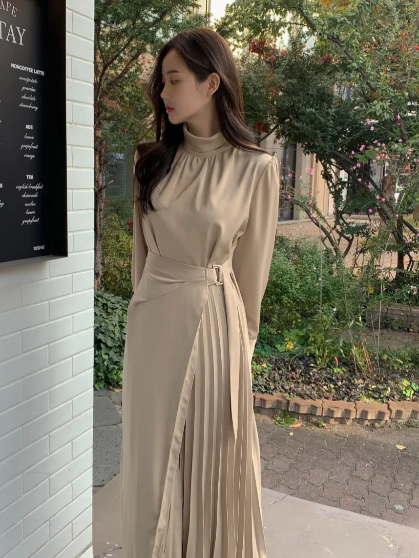 

Ele Spring New Sle Long Chic Dr Women's Korean Sle Pleated Skirt Belted Slimming Segmented Maxi Dr for All Seasons