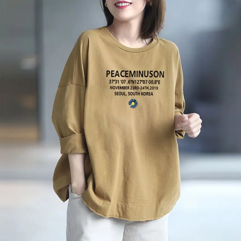 

Loose Printing Simplicity Casual Versatile Letter Butterfly Fashion Round Neck All Cotton Comfort Women's T-shirt Autumn 2024