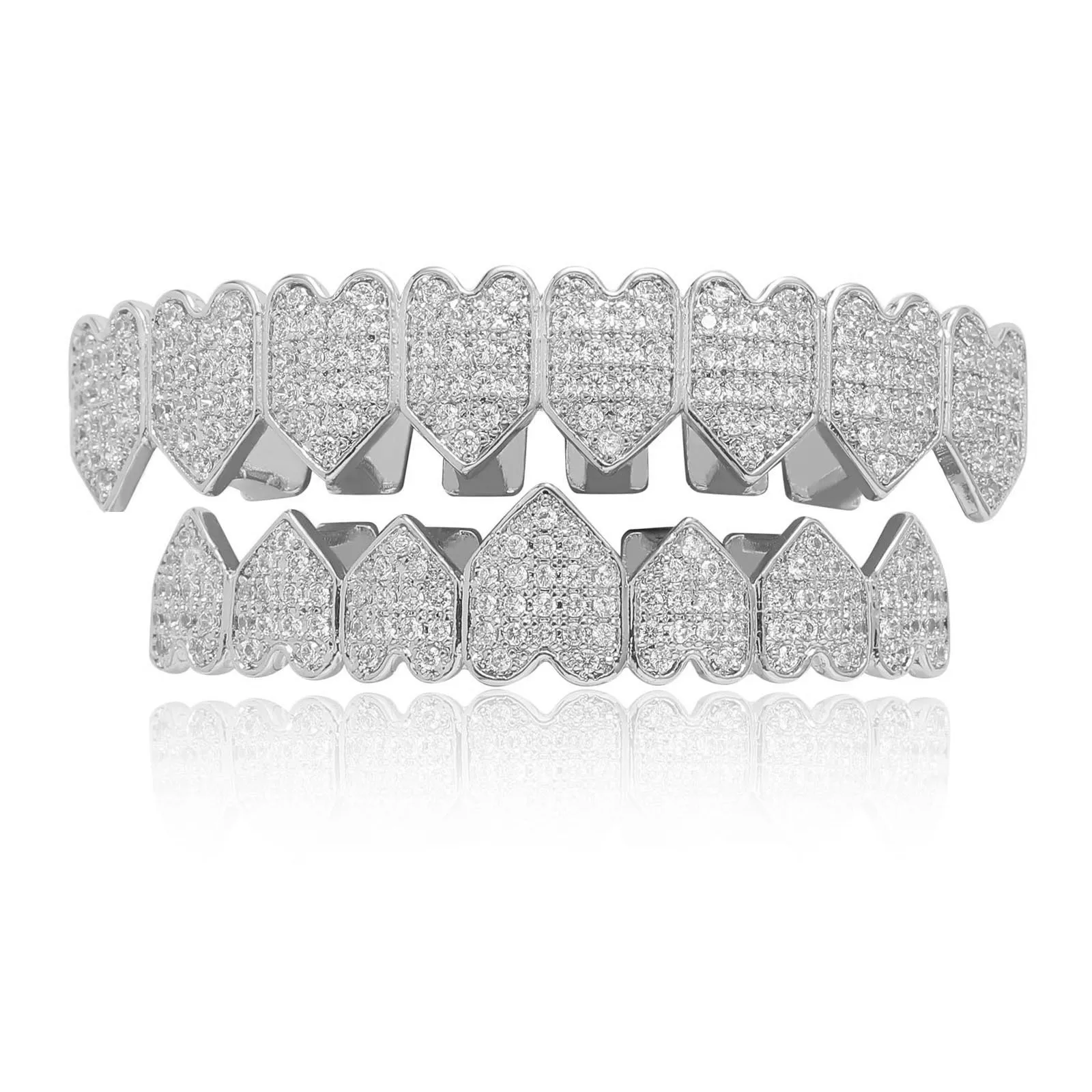 Hip Hop Full CZ Stones Teeth Grillz Caps Cubic Zircon Iced Out Micro Pave Top & Bottom Charm parrillas Set para hombres y mujeres joyería