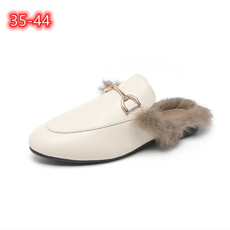 Women Plus Autumn Winter Seam Microfiber Metal Chain Shoes Wide Fit Mules Slippers Flat Summer Leisure Slides 45 44 35 Round Toe