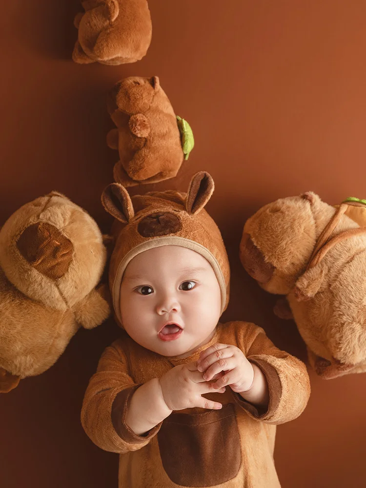 100 Days Baby Celebration Theme Photography Props Toddler Jumpsuit+hat Set Soft Stuffed Animals Dolls Studio Scene Accessories view 6