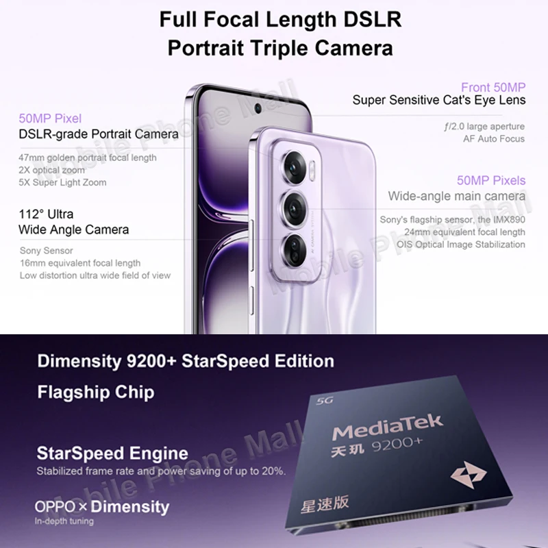 Original Oppo Reno 12 Pro 5G Mobile Phone 6.7 Inches 120Hz Screen Dimensity 9200 ColorOS 14.1 Battery 5000mAh AI Smartphone