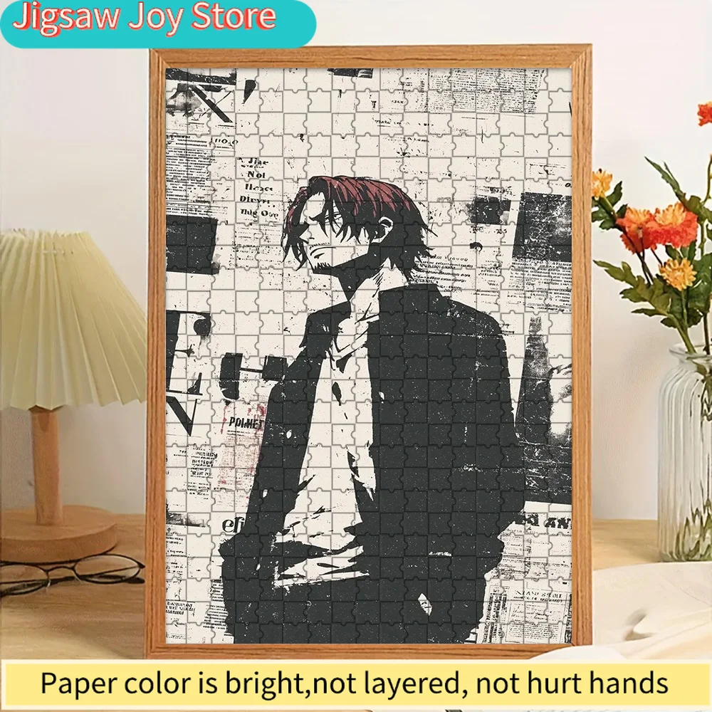 

One Piece Shanks Red Hair Yonko Newspaper Collage Black White Art Style Portrait Art Paper Jigsaw Puzzle, Anime Legendary Pirate