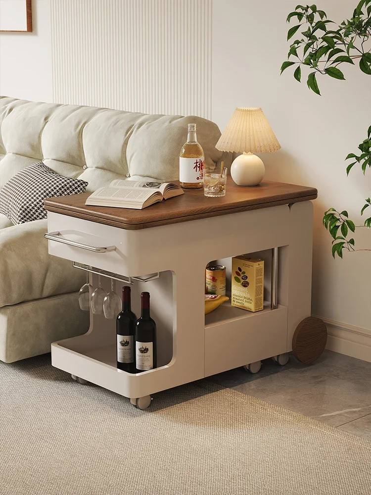 Movable sofa edge few solid wood Japanese trolley retractable folding coffee table surrounding stove tea water cabinet