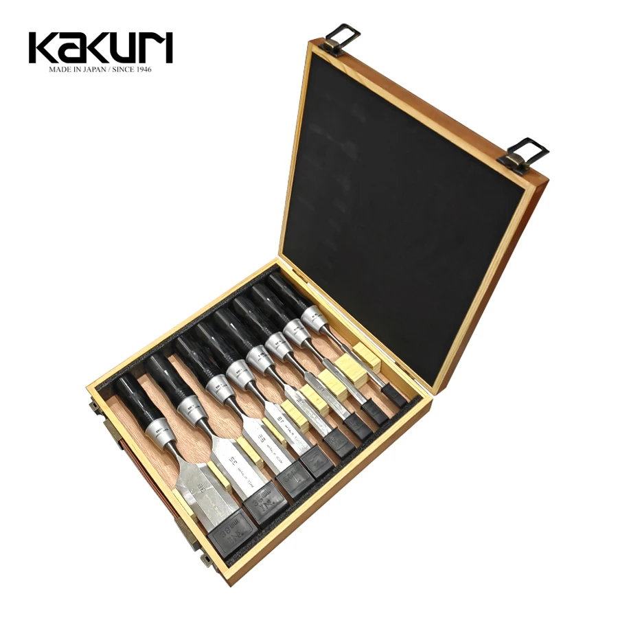 KAKURI 8 Pcs Extra Long Style Multifunctional Wood Chisel Sets with Wooden Box for Woodworking Tempered to 60HRC NO.ENP-8S