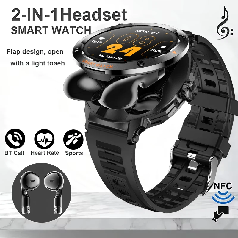 Men's Smart Watch with NFC TWS 2 in 1 Wireless Headset BT Call Earphones Heart Rate Sports Fitness Tracker Play Music Smartwatch