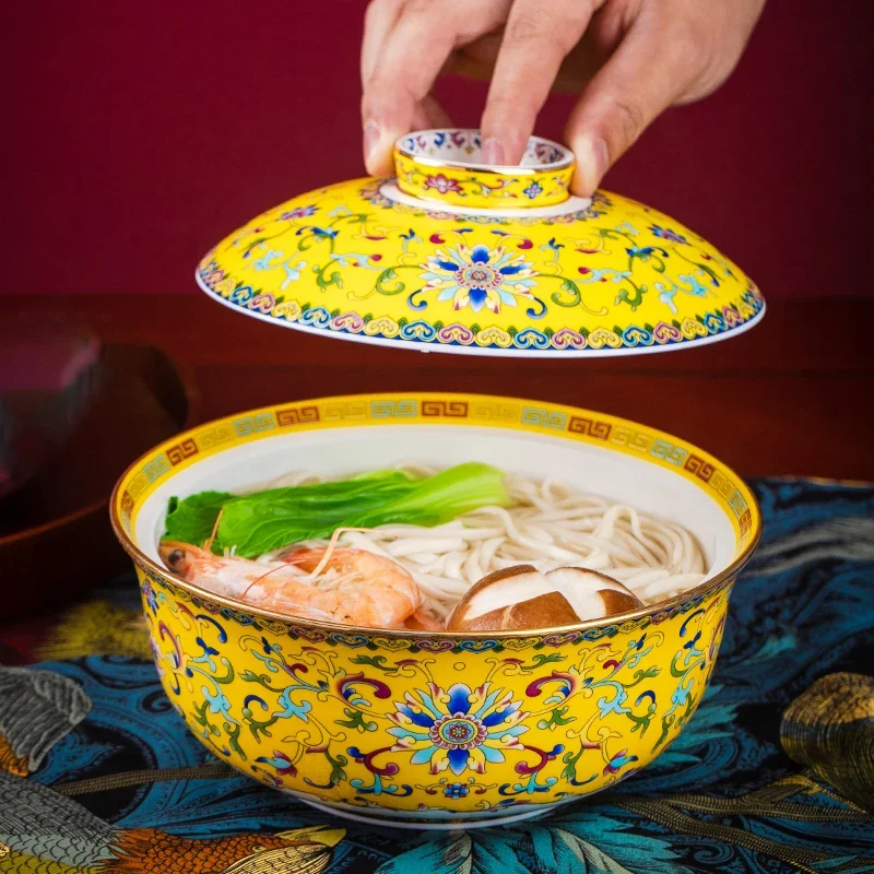 

7 Inch Noodle Bowl with Lid Set Jingdezhen Ceramic Bone china Soup Bowl Kitchen Dinnerware Outside Rice Box Fruit Sala Big Bowls