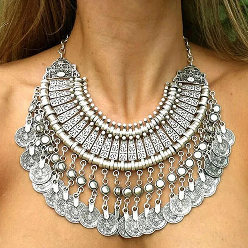 Liffly Bohemia Metal Coin Tassel Statement Choker Necklace Women Boho Afghan Turkish Ethnic Tribal Jewelry